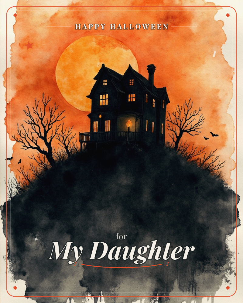 A tall gabled house sits silhouetted atop a dark hill, its windows glowing amber against a huge orange moon rising behind it, a halloween e-card design