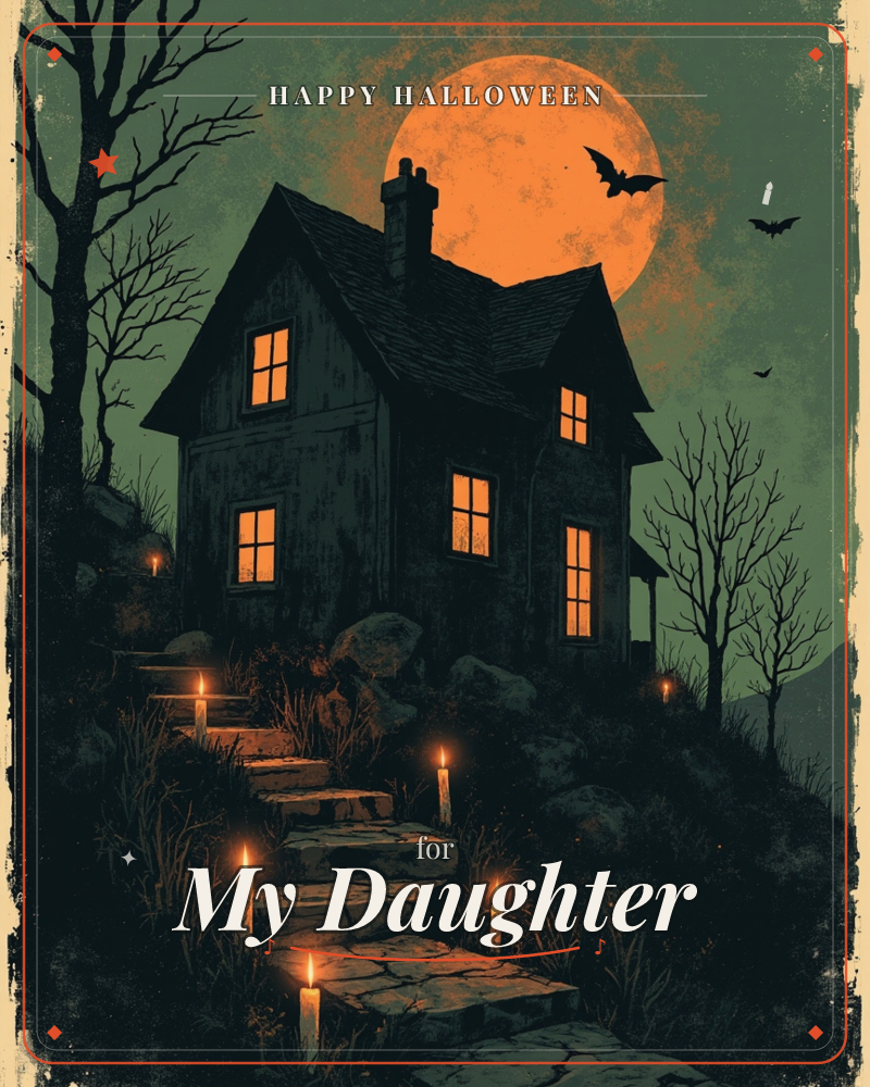 A crooked haunted house glows with orange light in its windows beneath a huge full moon, its silhouette framed by bare trees and bats crossing the…, a halloween e-card design