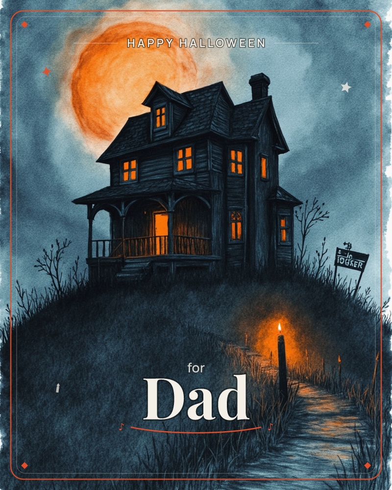 A weathered Victorian house perches alone on a windswept hill under a huge, hazy orange moon, its windows glowing amber against the smoky dusk-blue sky, a halloween e-card design