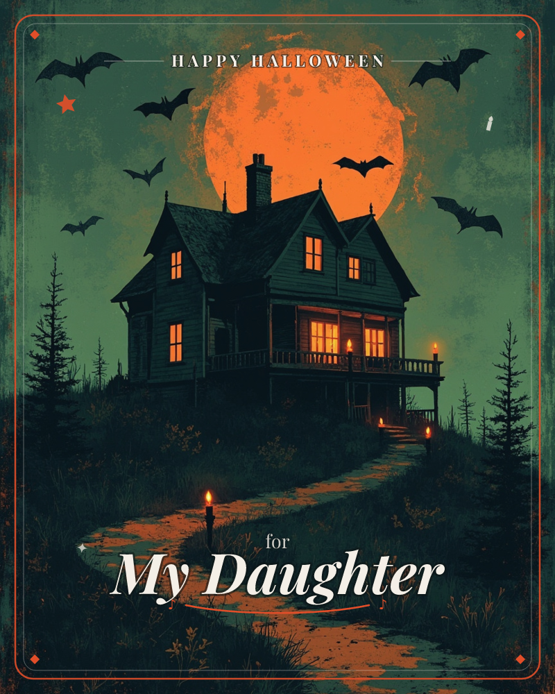 A dark wooden house glows from within, perched on a hill beneath a huge orange moon, its windows lit like jack-o'-lanterns, a halloween e-card design
