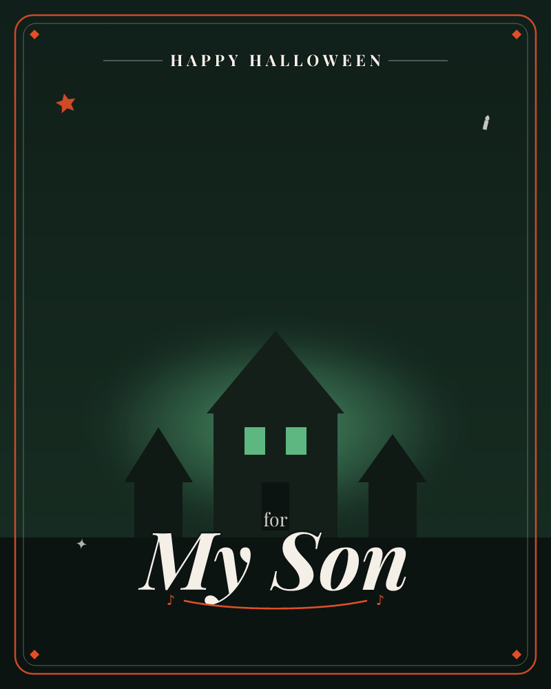 A row of dark house silhouettes stands against a deep green night sky, glowing faintly from within, a halloween e-card design by @DittyCityTeam