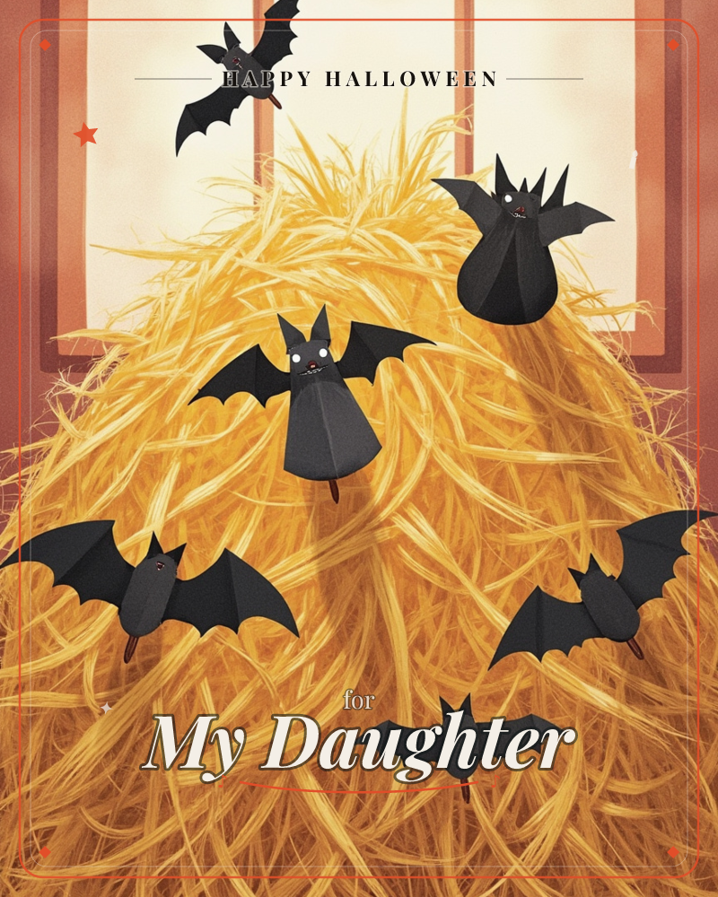 A towering mound of golden straw fills the frame, lit by warm orange panels of light behind it, while six paper-folded black bats with wide grinning…, a halloween e-card design