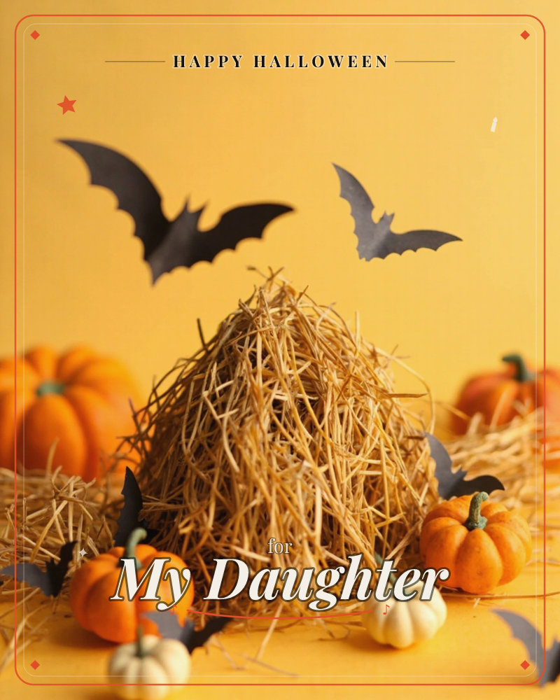 A mound of golden straw sits against a bold marigold backdrop, surrounded by small orange and white pumpkins, a halloween e-card design
