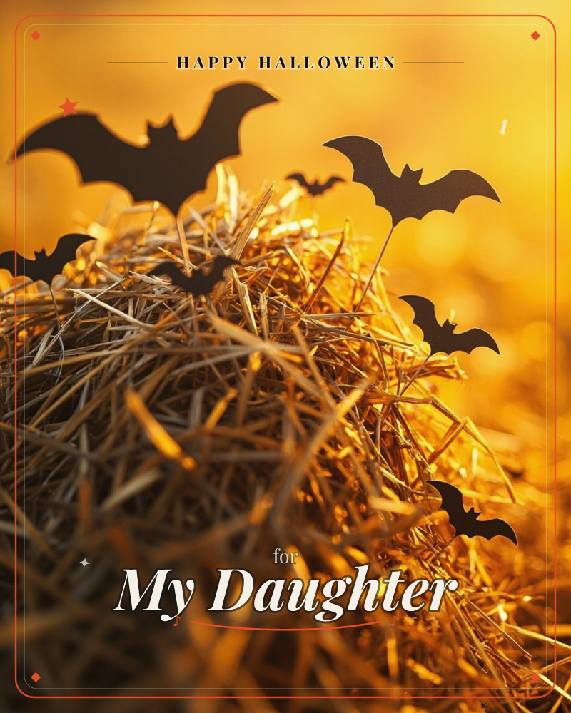 A bundle of golden straw glows in warm evening light, with small black paper bats perched on sticks poking out at different heights across the hay, a halloween e-card design