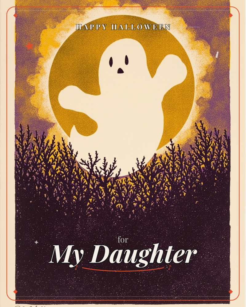 A round, cheerful ghost floats above a dark hedge of spiky bushes, waving one arm against a glowing mustard-yellow moon, a halloween e-card design