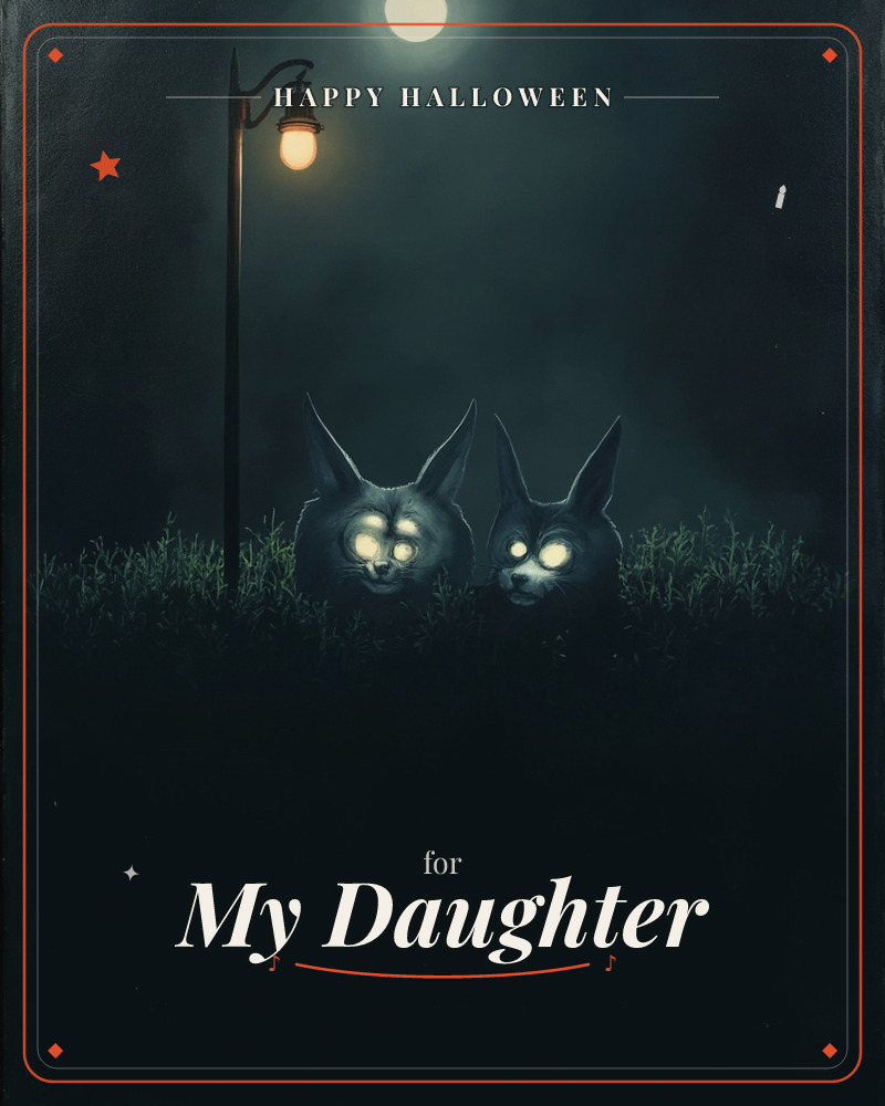 Two shadowy, pointed-eared creatures peer over dark grass, their eyes glowing white in the gloom, while a lone streetlamp glows amber beneath a hazy…, a halloween e-card design