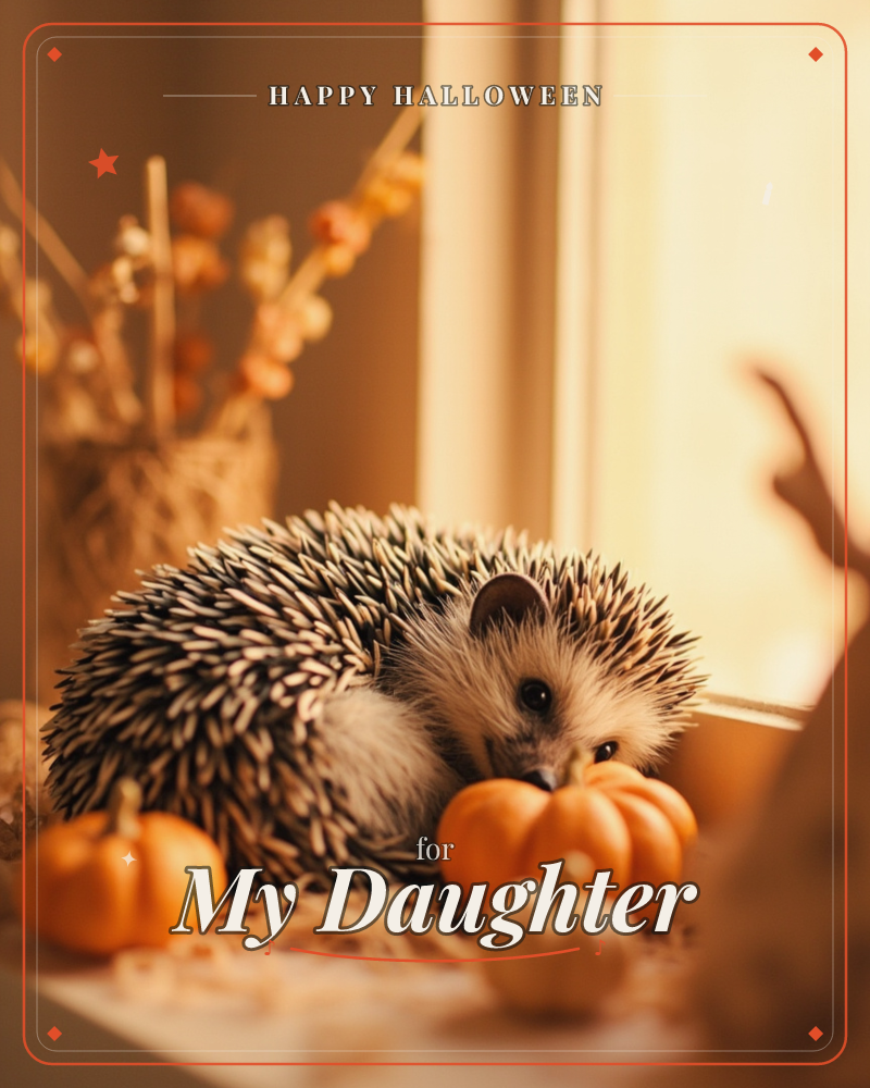 A small hedgehog curls up on a straw-strewn windowsill, nose resting against a cluster of miniature orange pumpkins, a halloween e-card design