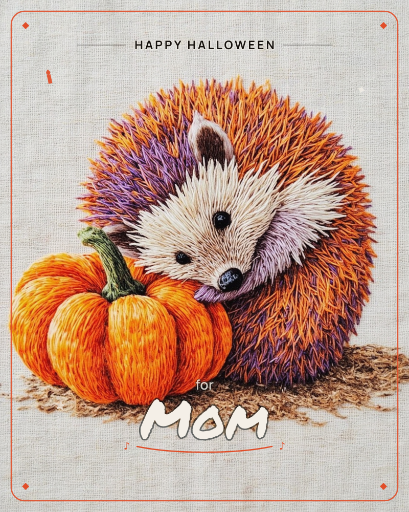 An embroidered hedgehog with spiky orange and purple thread curls beside a plump orange pumpkin, both resting on a bed of stitched brown straw against…, a halloween e-card design