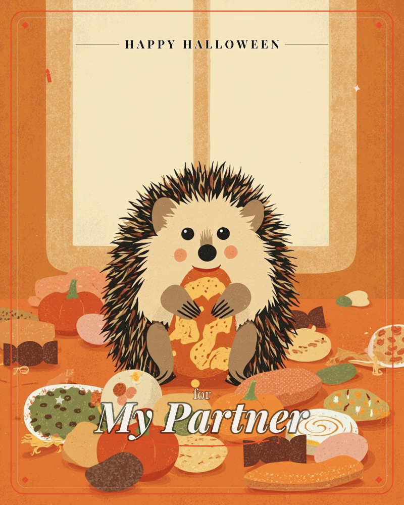 A round-cheeked hedgehog sits amid a spread of autumn treats, clutching a slice of striped candy in its tiny paws, a halloween e-card design