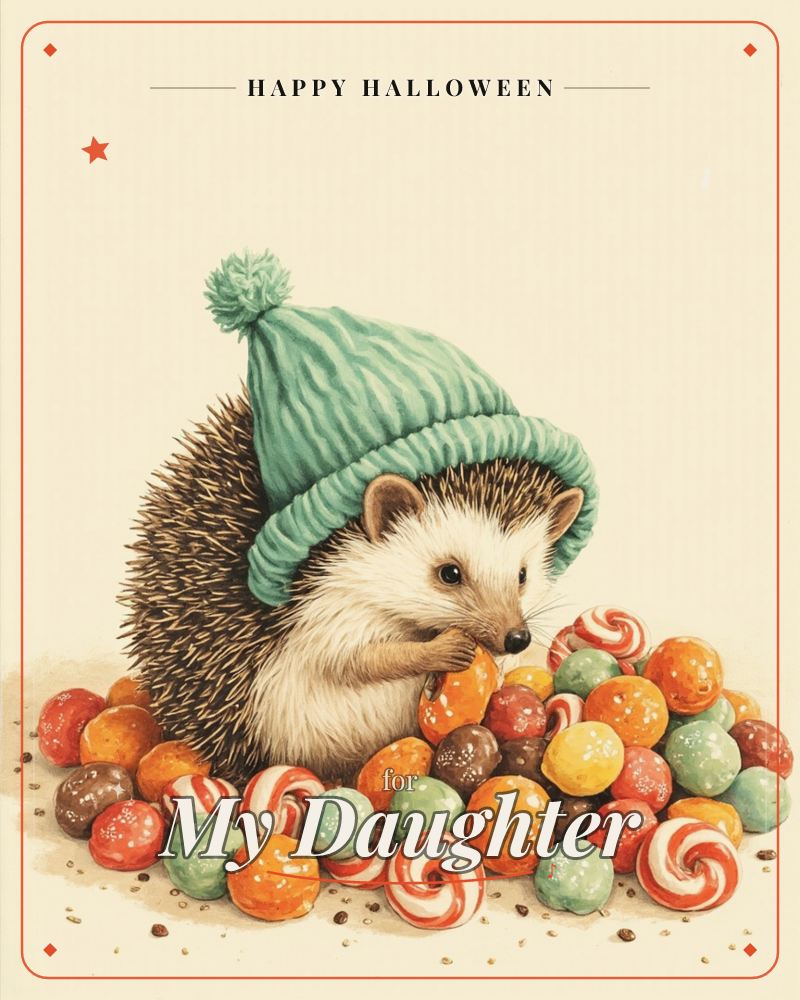 A small hedgehog wearing an oversized teal-striped bobble hat sits nestled in a pile of colourful sweets and swirled peppermints, nibbling a round…, a halloween e-card design