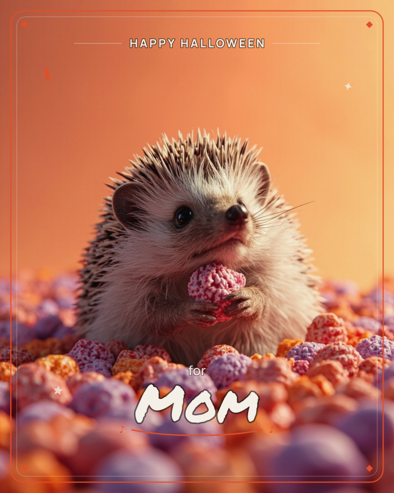 A small hedgehog sits nestled among a pile of textured berry-like puffs in pink, purple and orange, holding one snack up to its mouth with tiny paws, a halloween e-card design
