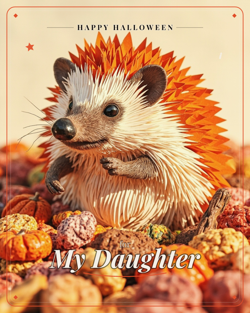 A hedgehog with spiky orange, leaf-like quills sits perched among a heap of tiny ornamental pumpkins and gourds in mottled autumn colours, a halloween e-card design