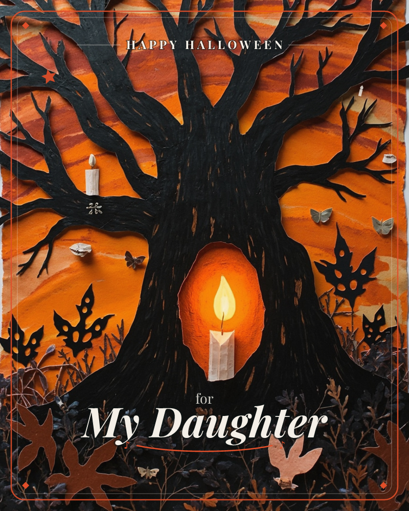 A gnarled black tree made of layered cut paper stands against a streaked orange background, its hollow trunk glowing with a single lit candle, a halloween e-card design