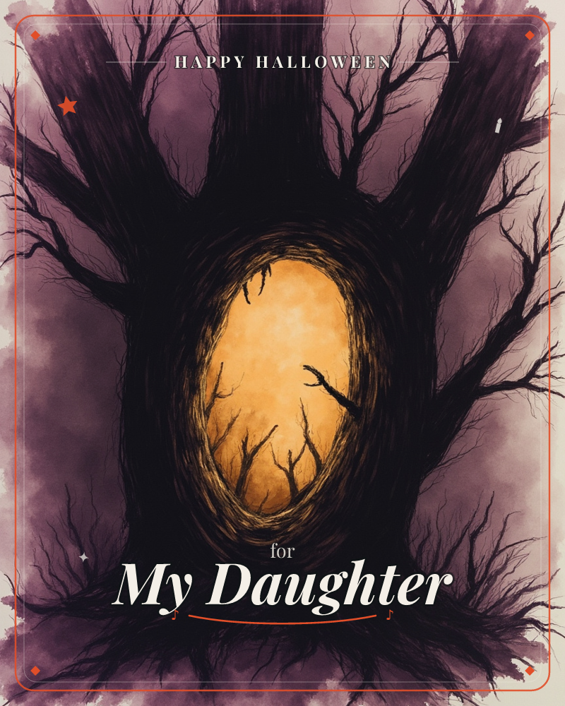 A gnarled, silhouetted tree spreads its branches into a hollow oval at its center, glowing amber like a hidden portal against a smoky purple sky, a halloween e-card design