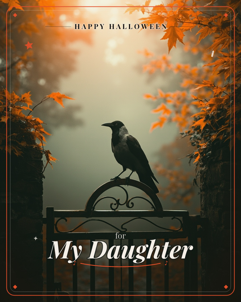 A hooded crow perches on the curved top of an old iron gate, framed by branches of glowing orange autumn leaves on either side, a halloween e-card design