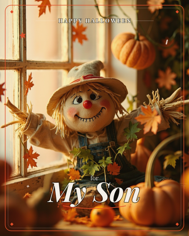 A cheerful button-eyed scarecrow in a straw hat and denim overalls sits propped against a sunlit window, surrounded by pumpkins, gourds and scattered…, a halloween e-card design