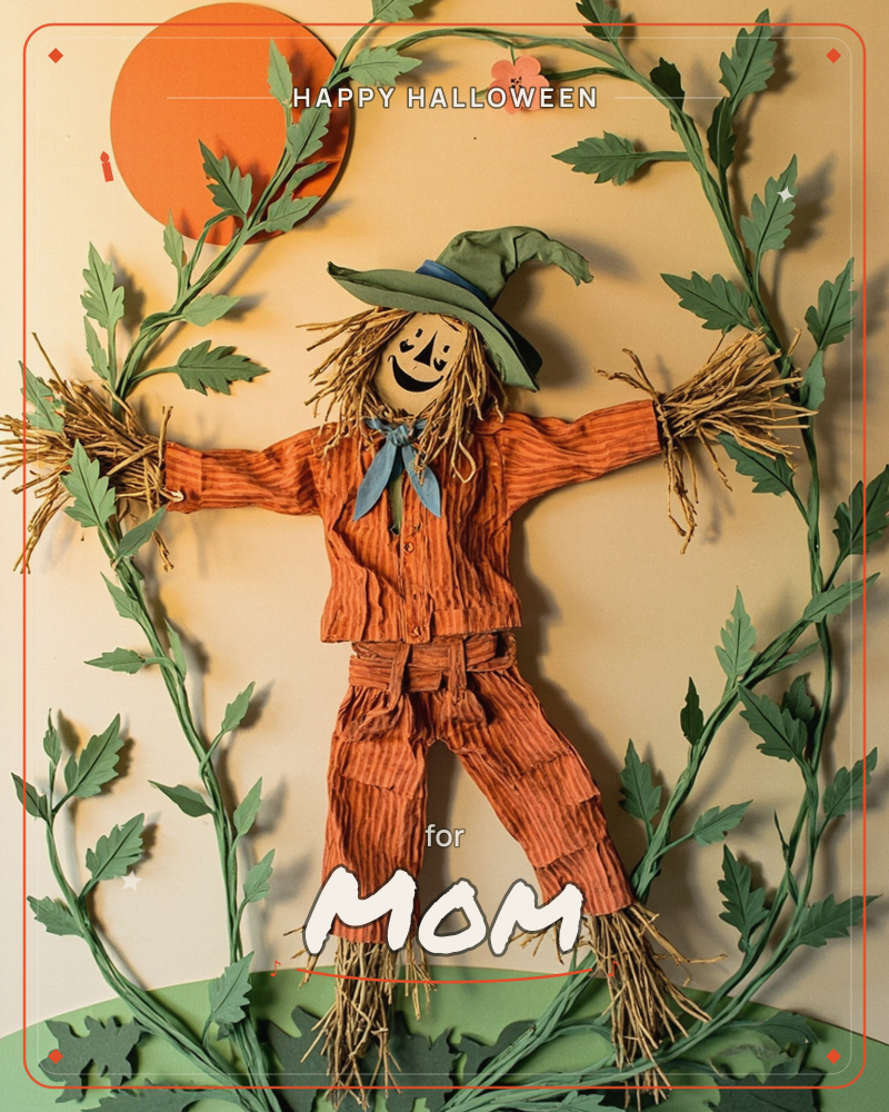 A cheerful paper-craft scarecrow stands with arms outstretched, dressed in striped orange corduroy with straw poking from its sleeves and cuffs, a…, a halloween e-card design