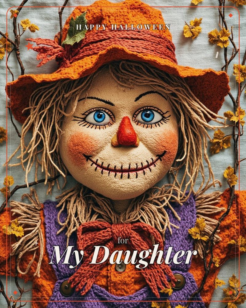 A handcrafted scarecrow face fills the frame, with a burnt-orange crocheted hat, straw-like yarn hair, blue button eyes stitched with lashes, and a red…, a halloween e-card design