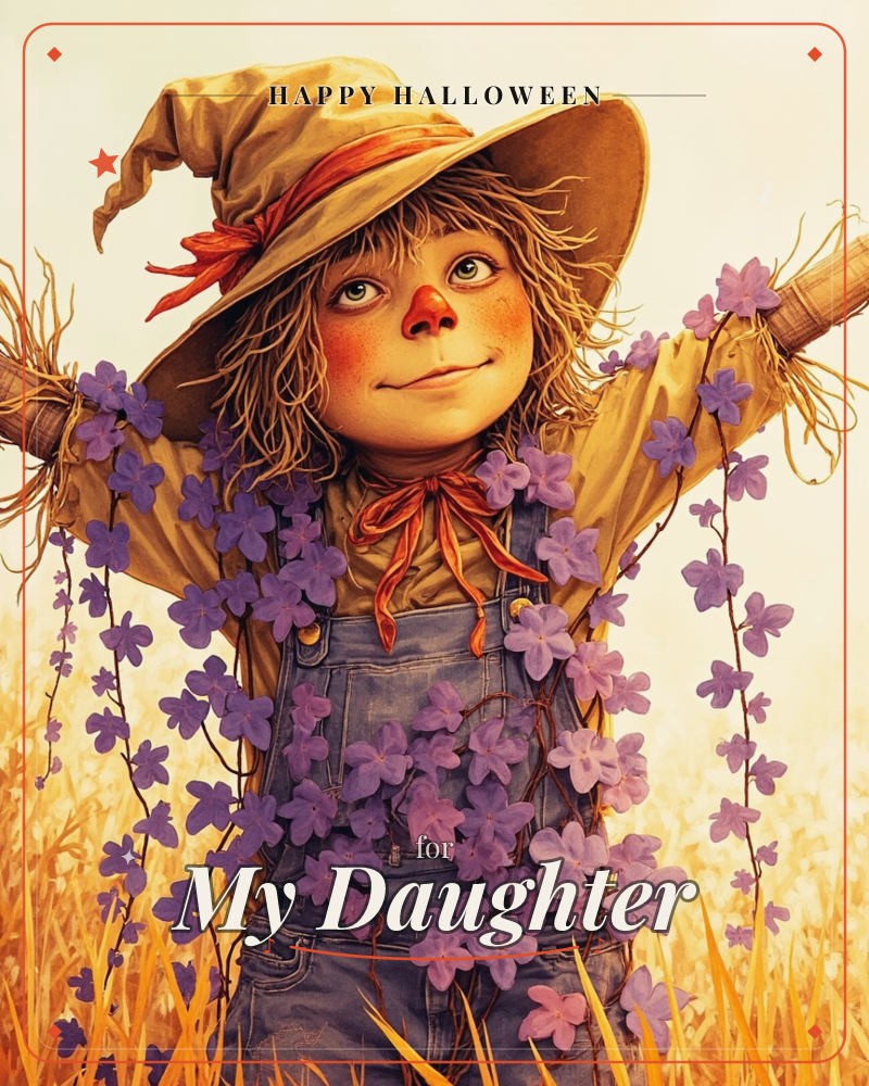 A smiling scarecrow with a wide floppy hat and denim overalls stands with arms outstretched in a golden wheat field, draped in trailing vines of purple…, a halloween e-card design
