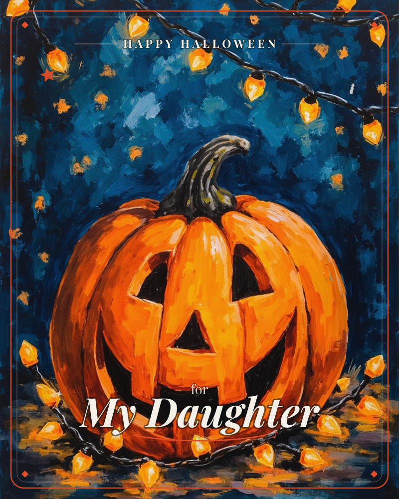 A grinning jack-o'-lantern glows against a deep midnight-blue night, its carved triangle eyes and jagged smile lit from within, a halloween e-card design