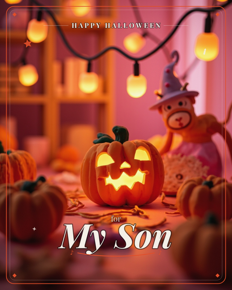 A glowing jack-o'-lantern grins from a tabletop crowded with smaller pumpkins, its carved face lit warm orange against a pink-lit room, a halloween e-card design