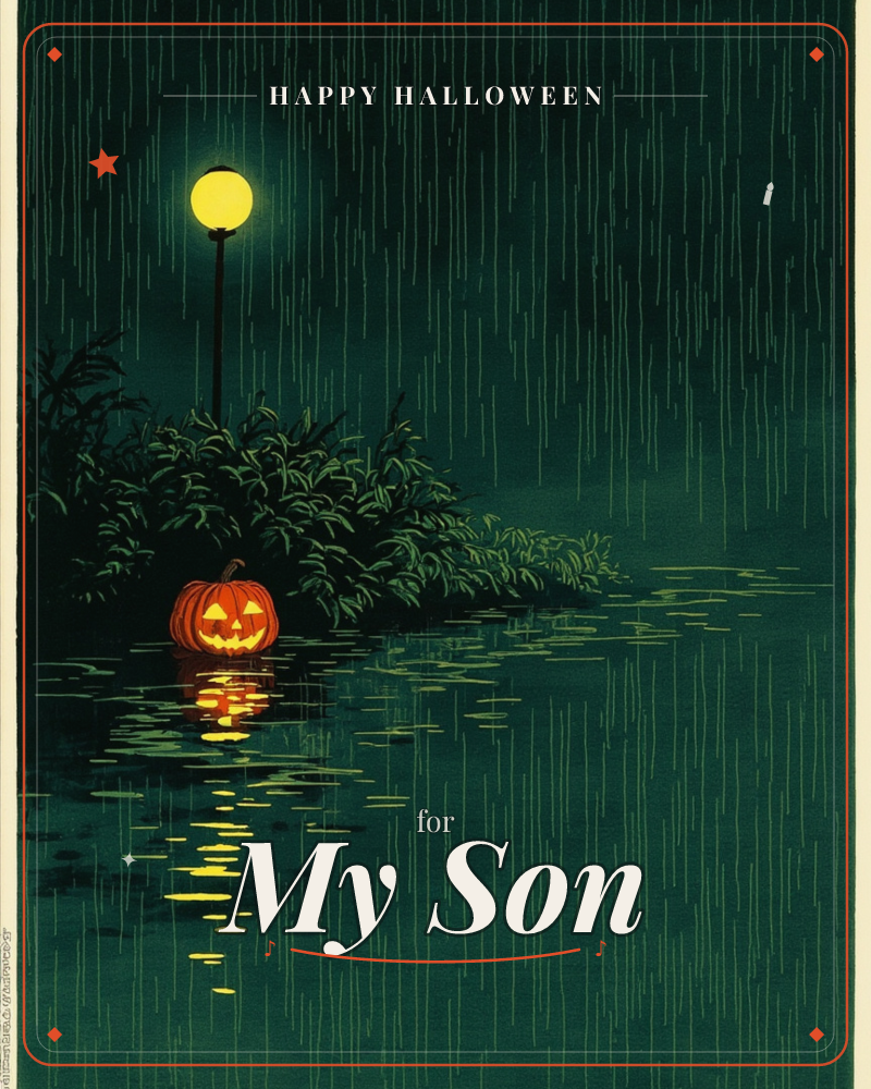 A single glowing jack-o'-lantern bobs at the edge of a dark, rain-streaked pond, its grinning face reflected in wavering streaks of gold on the water, a halloween e-card design
