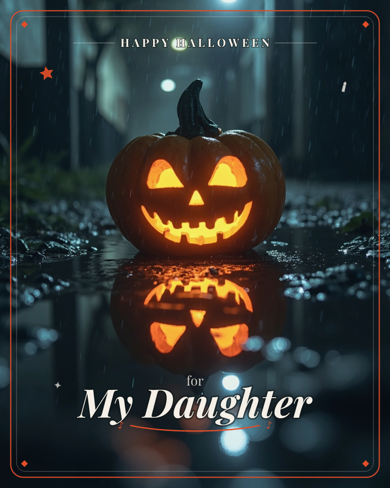 A carved jack-o'-lantern glows on wet pavement in a dark, rain-soaked alley at night, its grinning face lit from within by flickering orange light, a halloween e-card design