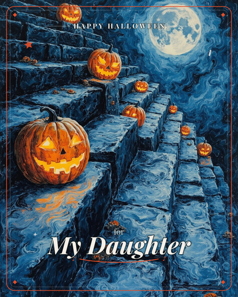 A crooked stone staircase climbs into swirling night sky under a huge full moon, lit only by a trail of glowing jack-o'-lanterns carved with grinning…, a halloween e-card design