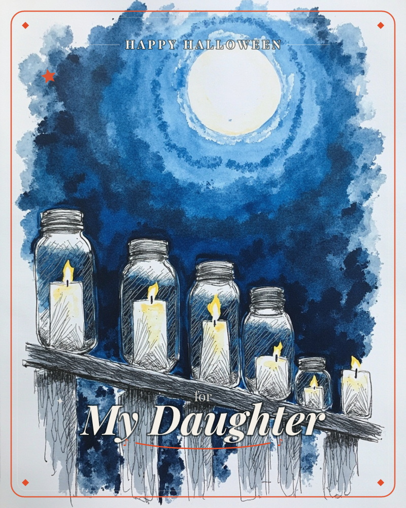 A row of glass jars, each holding a lit candle, lines up on a wooden beam beneath a glowing full moon, a halloween e-card design