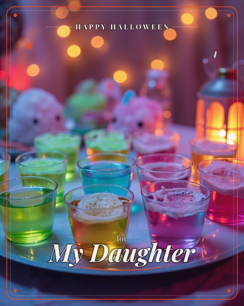 A tray of small glass cups filled with brightly coloured jellies and creamy toppings sits glowing under strings of warm fairy lights, a halloween e-card design
