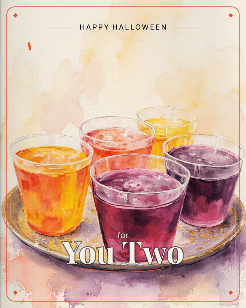Five small glasses of colourful drinks sit together on a golden tray, their juice ranging from deep purple to orange and rosy pink, a halloween e-card design