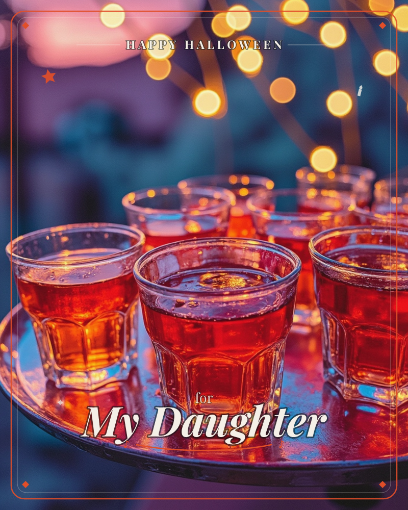 A tray of small glasses filled with amber-red tea catches the glow of string lights strung overhead in the dusky evening air, a halloween e-card design