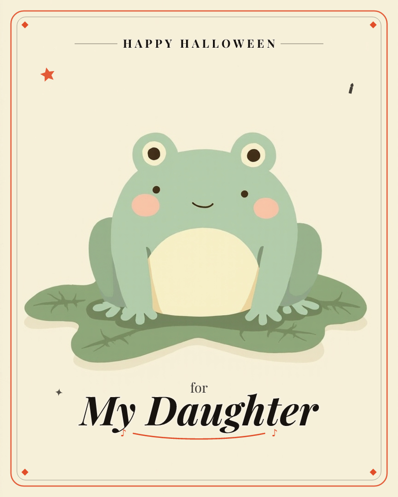 A round, rosy-cheeked frog with a cream-coloured belly sits contentedly on a lily pad, its little webbed feet tucked beneath it, a halloween e-card design