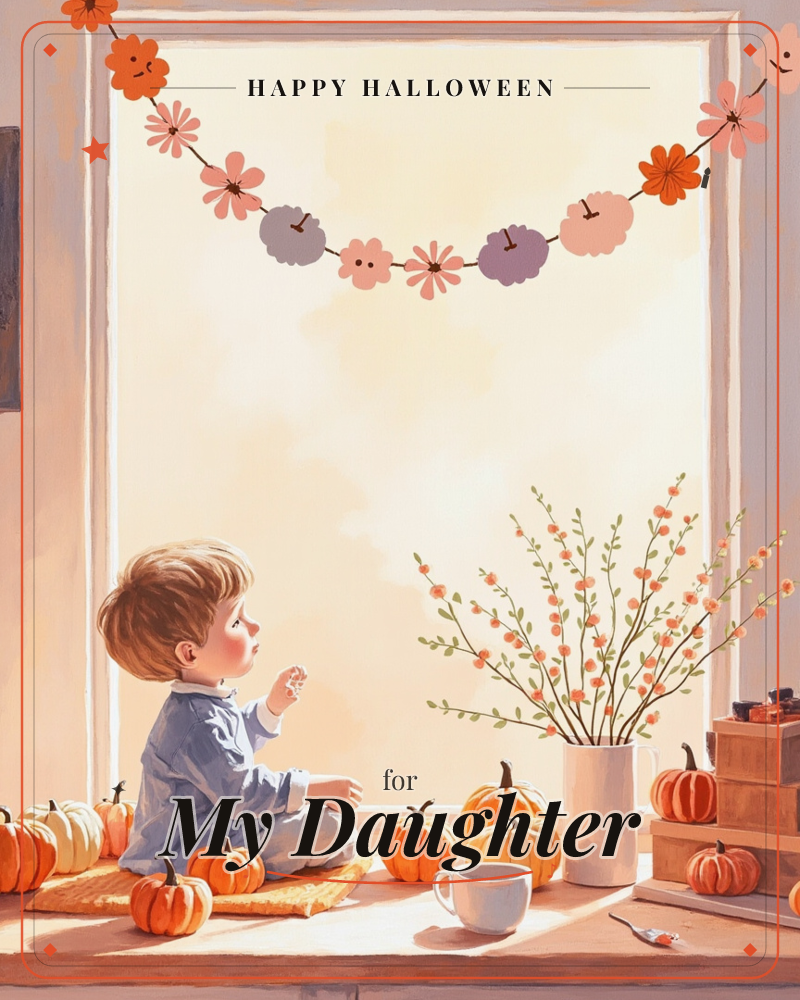 A young child sits cross-legged on a windowsill cushion, gazing up at a garland of paper flowers and smiling pumpkin faces strung across the frame, a halloween e-card design