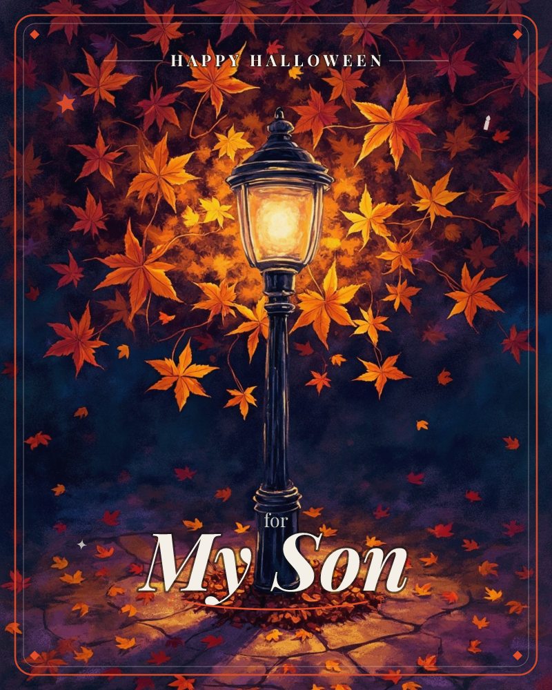 A single black lamppost glows against a deep indigo night, its warm light illuminating a swirl of maple leaves scattered around it like sparks caught…, a halloween e-card design