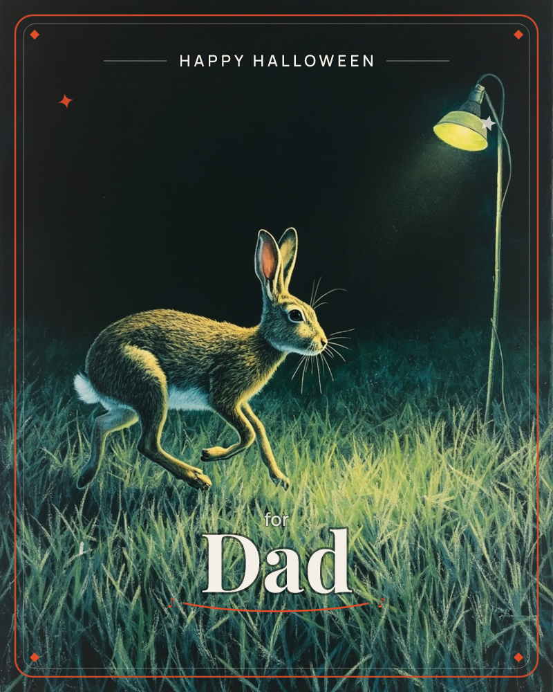 A hare bounds through tall grass at night, caught mid-leap beneath the glow of a single bent lamp post, a halloween e-card design