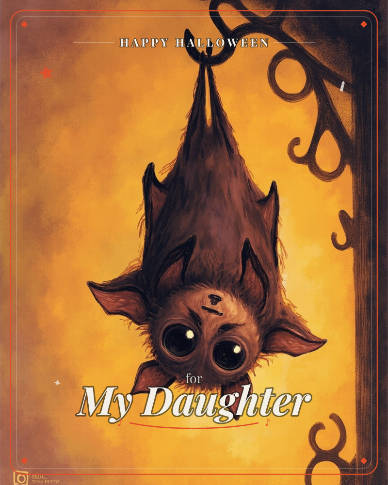 A fuzzy brown bat with oversized dark eyes hangs upside down from a curling black wrought-iron branch, its wings wrapped tight around its body, a halloween e-card design