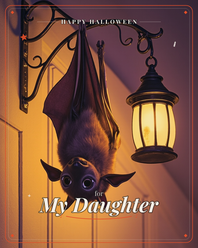 A fuzzy, wide-eyed bat hangs upside down from an ornate wrought-iron lamp bracket beside a glowing porch lantern, a halloween e-card design