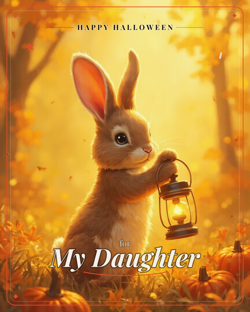 A soft-furred rabbit stands upright in a golden autumn forest, holding a small lit lantern in both paws, a halloween e-card design