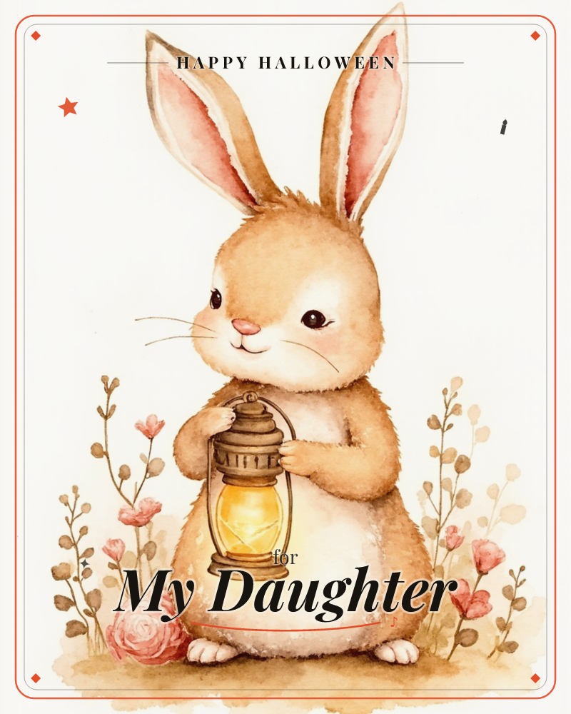 A soft watercolour rabbit stands upright holding a small glowing lantern in both paws, its tall ears pink-lined and alert, a halloween e-card design