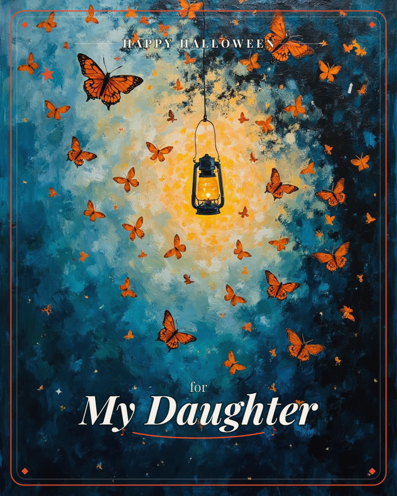 A single lit lantern hangs against a deep blue, textured night sky, its warm glow drawing a swirl of orange monarch butterflies toward the light, a halloween e-card design