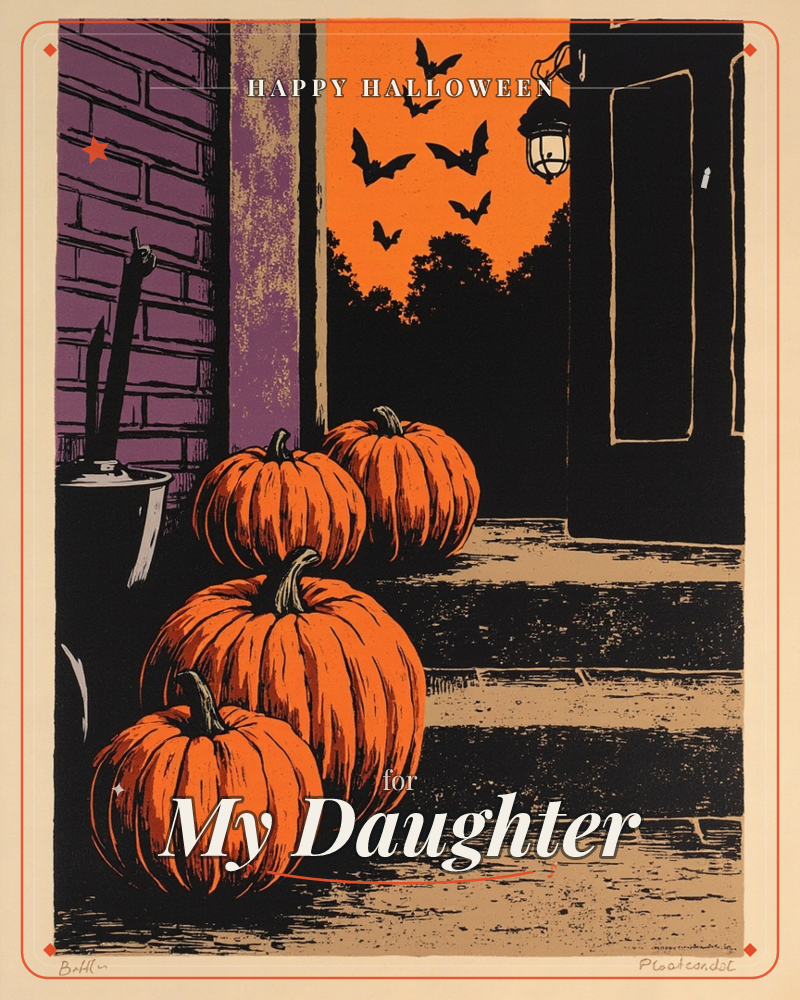 A cluster of four fat orange pumpkins sits on stone steps beside a purple brick doorway, with a lit lantern hanging by the open black door, a halloween e-card design