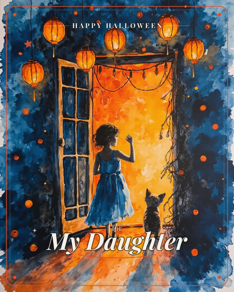 A child in a blue dress and a small dog stand before an open door, gazing into a warm golden glow strung with fairy lights, a halloween e-card design