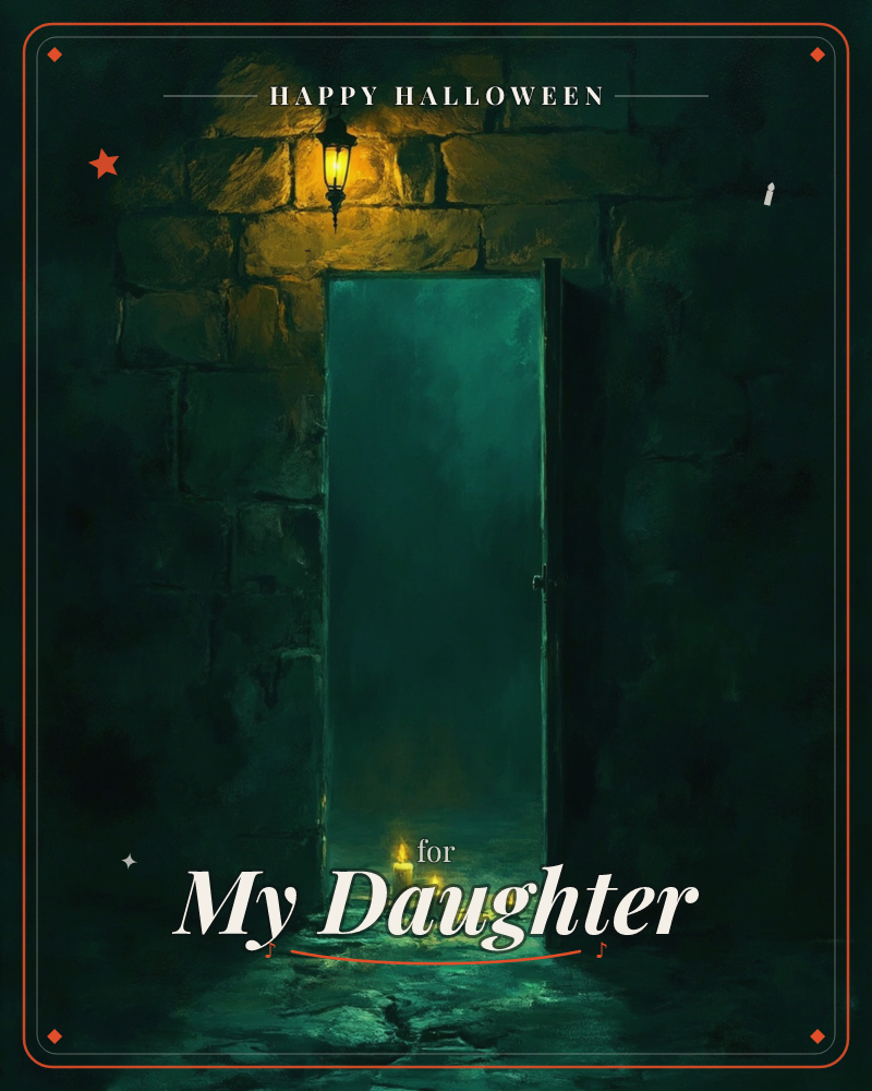 A heavy stone doorway stands open onto a mist-filled chamber lit in murky teal-green, with a small cluster of candles flickering on the floor just…, a halloween e-card design