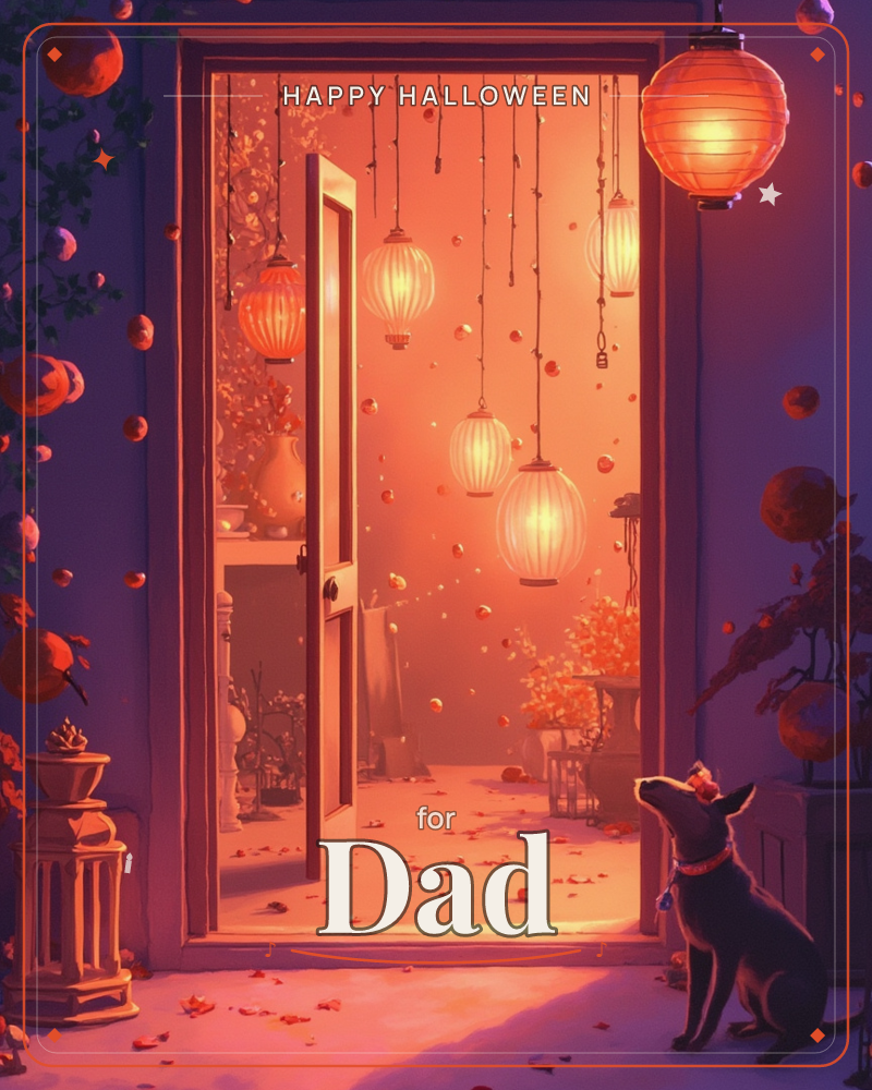 An open doorway glows with warm amber light, strings of paper lanterns hanging inside like a room full of tiny suns, a halloween e-card design