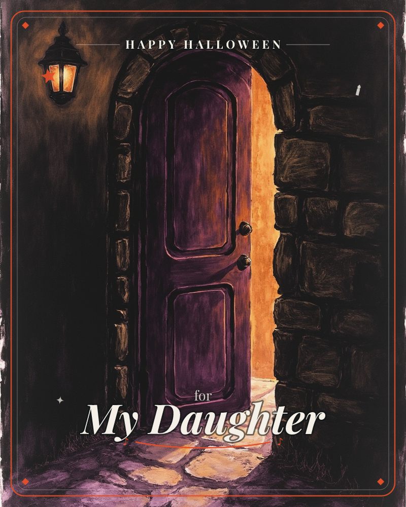 A deep purple door stands ajar within a stone archway, warm golden light spilling out onto the cobbled step below, a halloween e-card design