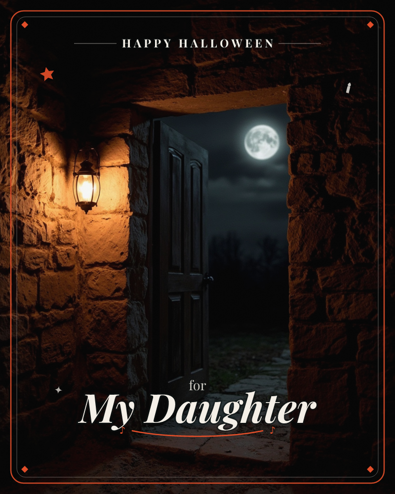 A stone doorway stands open at night, an old lantern glowing on the rough wall beside it while a wooden door swings out onto darkness, a halloween e-card design