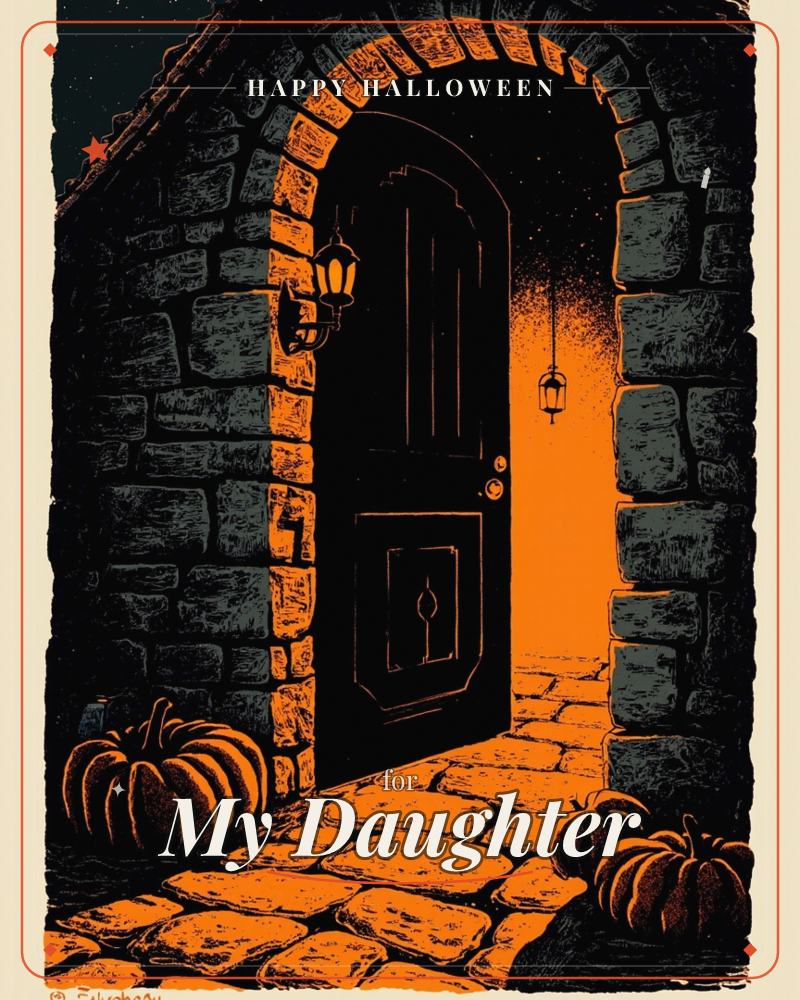 A stone archway frames a heavy wooden door glowing with an eerie orange light spilling onto cobblestones below, a halloween e-card design