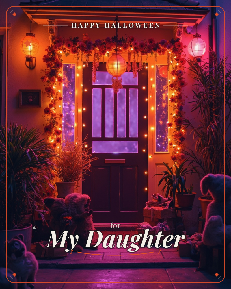A front door glows deep purple through its glass panels at night, framed by strings of warm fairy lights and a garland of red flowers draped across the…, a halloween e-card design