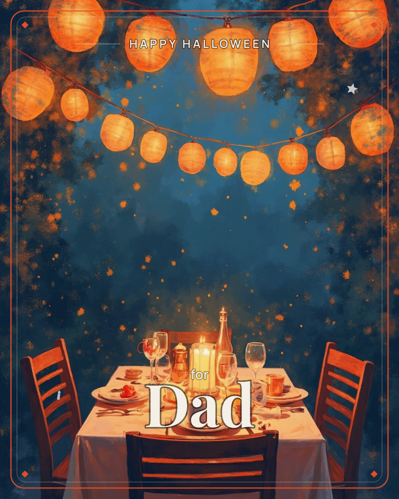A candlelit table is set for four beneath strings of glowing paper lanterns, the deep blue night speckled with warm, drifting sparks of light, a halloween e-card design